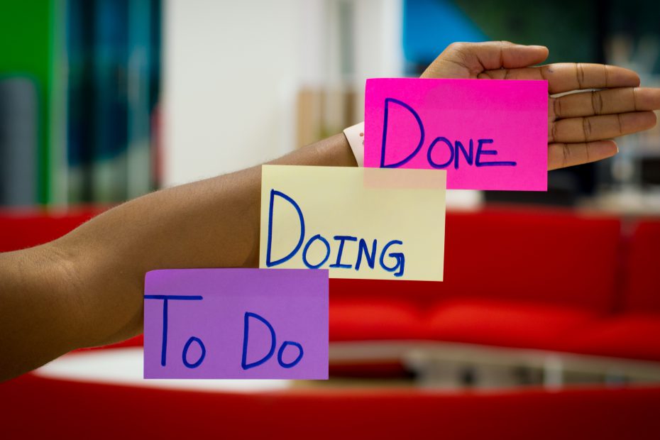 Braço com post-its "To do", "Doing", "Done".